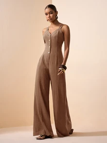 Zivah Women's Solid Color Single-Breasted Wide Leg Casual Strapless Jumpsuit Vacation Shades Of Brown Summer - Khaki - View 6