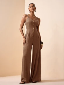 Zivah Women's Solid Color Single-Breasted Wide Leg Casual Strapless Jumpsuit Vacation Shades Of Brown Summer - Khaki - View 7