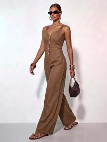 Zivah Women's Solid Color Single-Breasted Wide Leg Casual Strapless Jumpsuit Vacation Shades Of Brown Summer - Khaki - View 1