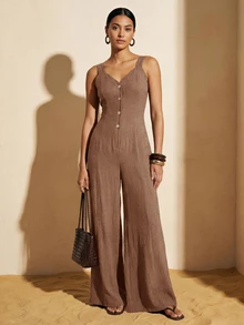 Zivah Women's Solid Color Single-Breasted Wide Leg Casual Strapless Jumpsuit Vacation Shades Of Brown Summer - Khaki - View 5