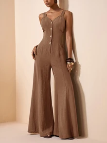 Zivah Women's Solid Color Single-Breasted Wide Leg Casual Strapless Jumpsuit Vacation Shades Of Brown Summer - Khaki - View 10