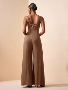 Zivah Women's Solid Color Single-Breasted Wide Leg Casual Strapless Jumpsuit Vacation Shades Of Brown Summer - Khaki - View 2