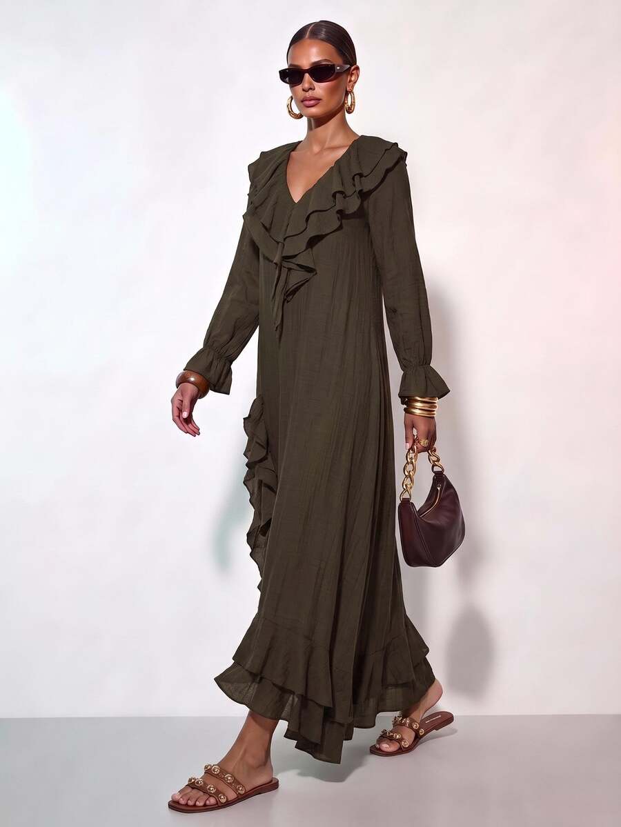 Zivah Women's Dark Brown Autumn Elegant Tea Party Dress, Ruffle V-Neck Double Ruffle Long Sleeve,High Slit Ruffle Hem,Loose A-Line Long Party Dress