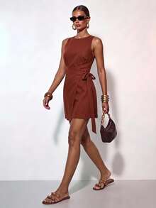 Zivah 2026 Spring/Summer Women Solid Color Elegant Vacation Brown Linen Round Neck Sleeveless Wrap-Up Mini Dress,Boho Beach Party Wedding Guest Attire-A - Redwood - View 1