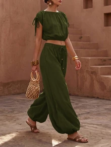 Zivah Women's Solid Color Pleated Top And Lantern Pants Casual Boho Daily Set Picnic Vacation Olive Green Summer - Army Green - View 9