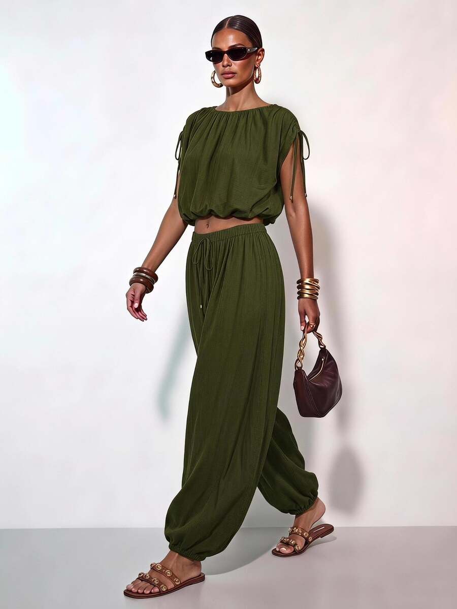 Zivah Women's Solid Color Pleated Top And Lantern Pants Casual Boho Daily Set Picnic Vacation Olive Green Summer - Army Green - View 1