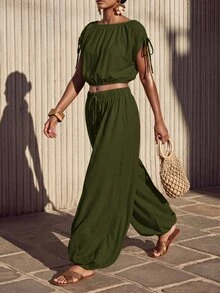 Zivah Women's Solid Color Pleated Top And Lantern Pants Casual Boho Daily Set Picnic Vacation Olive Green Summer - Army Green - View 8