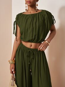 Zivah Women's Solid Color Pleated Top And Lantern Pants Casual Boho Daily Set Picnic Vacation Olive Green Summer - Army Green - View 13