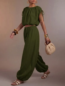 Zivah Women's Solid Color Pleated Top And Lantern Pants Casual Boho Daily Set Picnic Vacation Olive Green Summer - Army Green - View 4