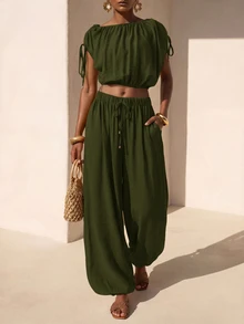 Zivah Women's Solid Color Pleated Top And Lantern Pants Casual Boho Daily Set Picnic Vacation Olive Green Summer - Army Green - View 3