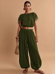 Zivah Women's Solid Color Pleated Top And Lantern Pants Casual Boho Daily Set Picnic Vacation Olive Green Summer - Army Green - View 10