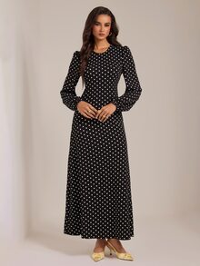 SHEIN Tall A Tall Muslim Woman Wearing A Long, Black, Polka-Dot Dress-Sweet And Elegant. - Black - View 7