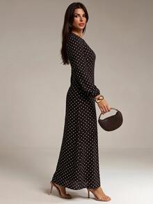 SHEIN Tall A Tall Muslim Woman Wearing A Long, Black, Polka-Dot Dress-Sweet And Elegant. - Black - View 5