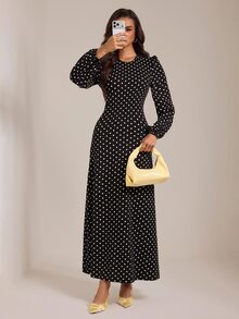 SHEIN Tall A Tall Muslim Woman Wearing A Long, Black, Polka-Dot Dress-Sweet And Elegant. - Black - View 6