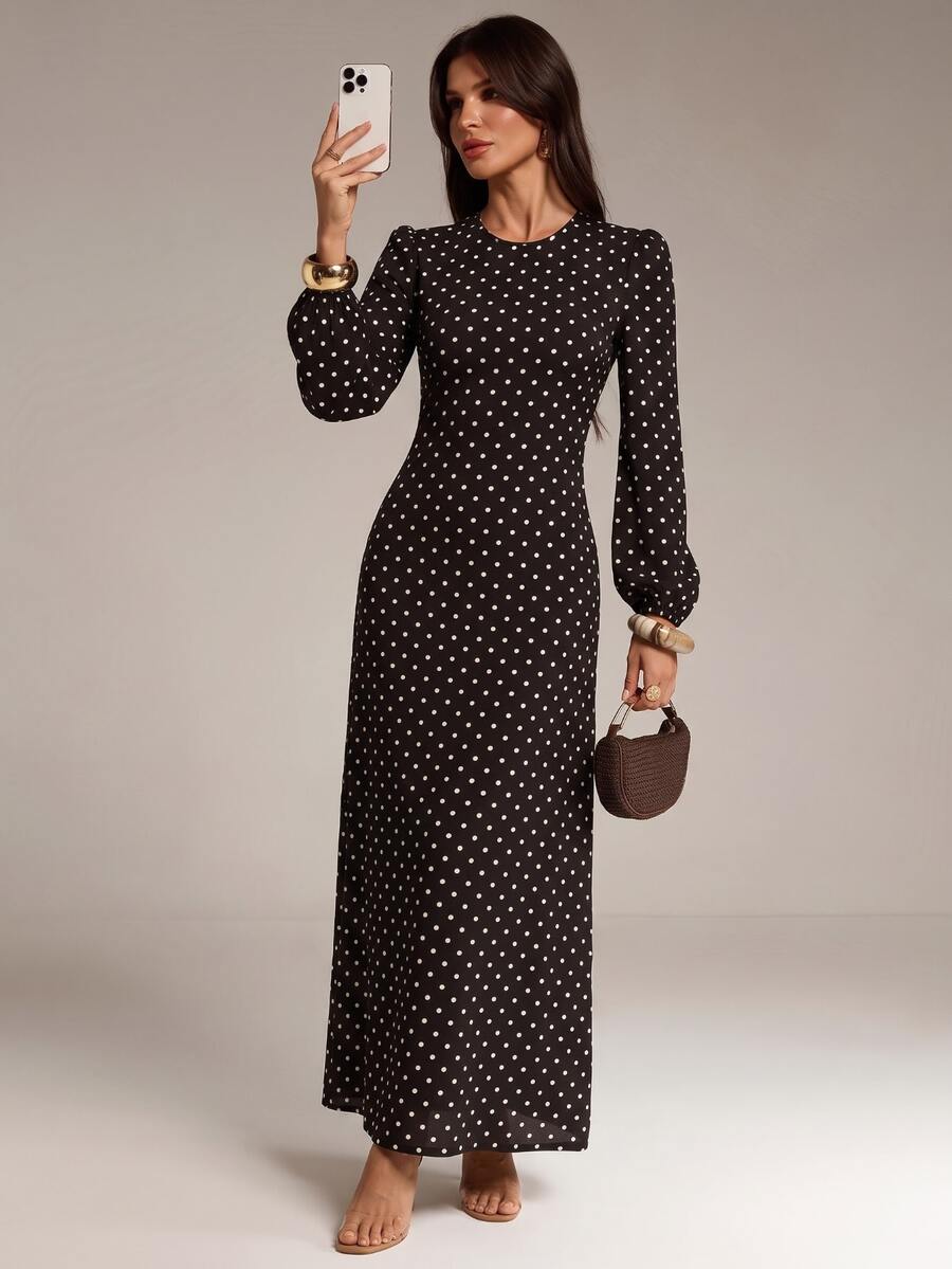 SHEIN Tall A Tall Muslim Woman Wearing A Long, Black, Polka-Dot Dress-Sweet And Elegant. - Black - View 1