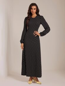 SHEIN Tall A Tall Muslim Woman Wearing A Long, Black, Polka-Dot Dress-Sweet And Elegant. - Black - View 3