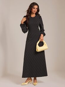 SHEIN Tall A Tall Muslim Woman Wearing A Long, Black, Polka-Dot Dress-Sweet And Elegant. - Black - View 8