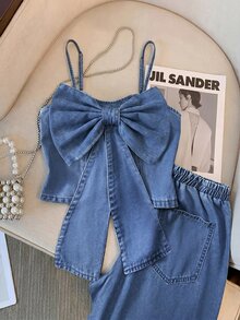 GlowEve CURVE Plus Size Women's Bowknot Decor Camisole Denim Top - Blue - View 2