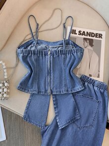 GlowEve CURVE Plus Size Women's Bowknot Decor Camisole Denim Top - Blue - View 3