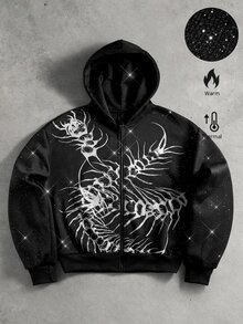 ROMWE MEN Street Life Men's Loose Fit Sweatshirt With Glitter Sequin Craft Print Pattern - Black - View 1