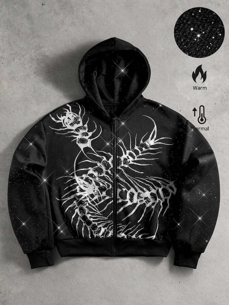 ROMWE MEN Street Life Men's Loose Fit Sweatshirt With Glitter Sequin Craft Print Pattern - Black - View 1