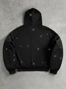 ROMWE MEN Street Life Men's Loose Fit Sweatshirt With Glitter Sequin Craft Print Pattern - Black - View 3