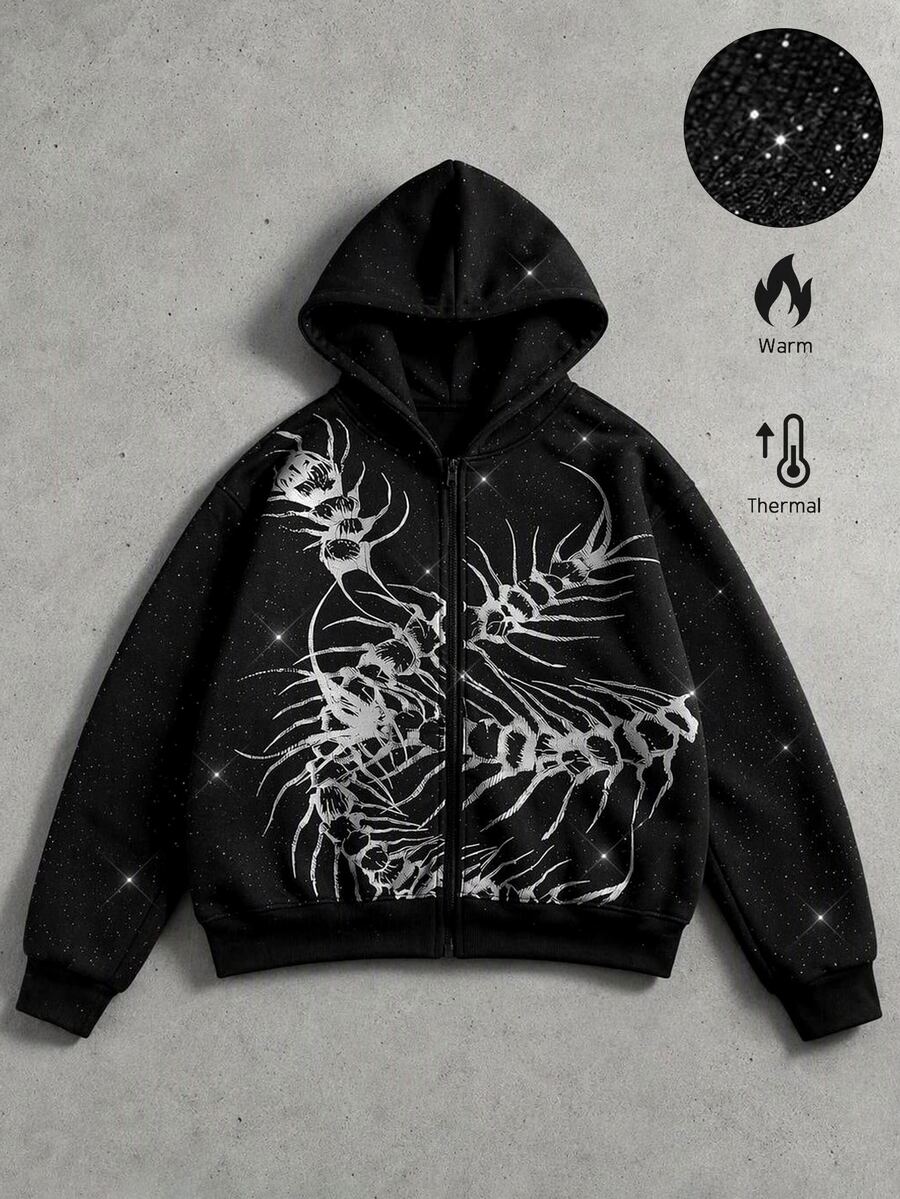 ROMWE MEN Street Life Men's Loose Fit Sweatshirt With Glitter Sequin Craft Print Pattern - Black - View 1
