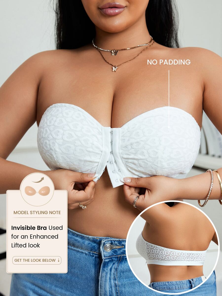SHEIN Romantic Lace Front Button Strapless Bra - White - View 1