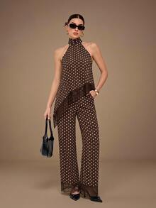 SHEIN Tall Women's Summer Elegant Lace Patchwork Brown & White Polka Dot Halter Top And Long Pants 2 Pieces Set - Brown - View 8