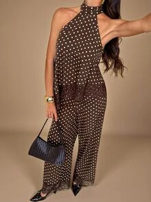 SHEIN Tall Women's Summer Elegant Lace Patchwork Brown & White Polka Dot Halter Top And Long Pants 2 Pieces Set - Brown - View 3