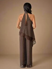 SHEIN Tall Women's Summer Elegant Lace Patchwork Brown & White Polka Dot Halter Top And Long Pants 2 Pieces Set - Brown - View 2