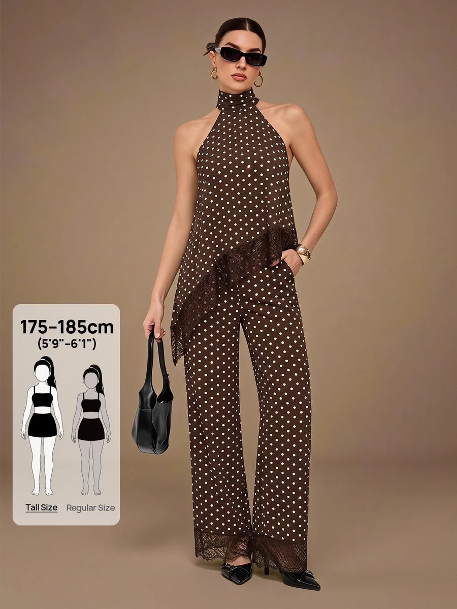 SHEIN Tall 女款夏季優雅蕾絲拼接棕色與白色波點掛脖上衣與長褲兩件套 - 棕色 - 查看 1