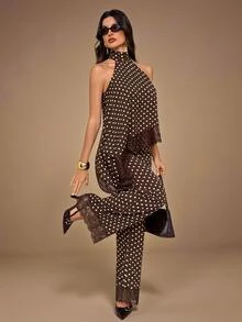 SHEIN Tall Women's Summer Elegant Lace Patchwork Brown & White Polka Dot Halter Top And Long Pants 2 Pieces Set - Brown - View 4