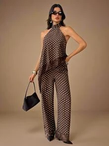 SHEIN Tall Women's Summer Elegant Lace Patchwork Brown & White Polka Dot Halter Top And Long Pants 2 Pieces Set - Brown - View 5