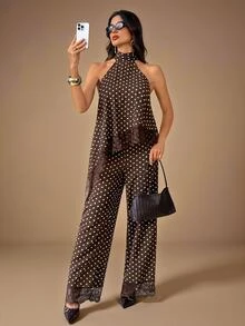 SHEIN Tall Women's Summer Elegant Lace Patchwork Brown & White Polka Dot Halter Top And Long Pants 2 Pieces Set - Brown - View 1