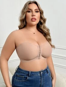 SHEIN 大码无钢圈前扣式抹胸无肩带文胸 - 杏色 - 查看 7