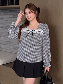 Bijouette Japanese Retro Houndstooth Plus Size Square Neck Long Sleeve Top, Lace Trim With Black Ribbon Bow Sweet And Delicate, Puff Sleeves And Ruffle Cuffs Flatter Arm Lines, Elastic Fabric Loose Fit For Figures, Slim Fit Cropped Length Elevates Waistline, Versatile Slimming Gentle Plaid Base Layer For Daily Wear, Dating And Commuting - Black and White - View 3