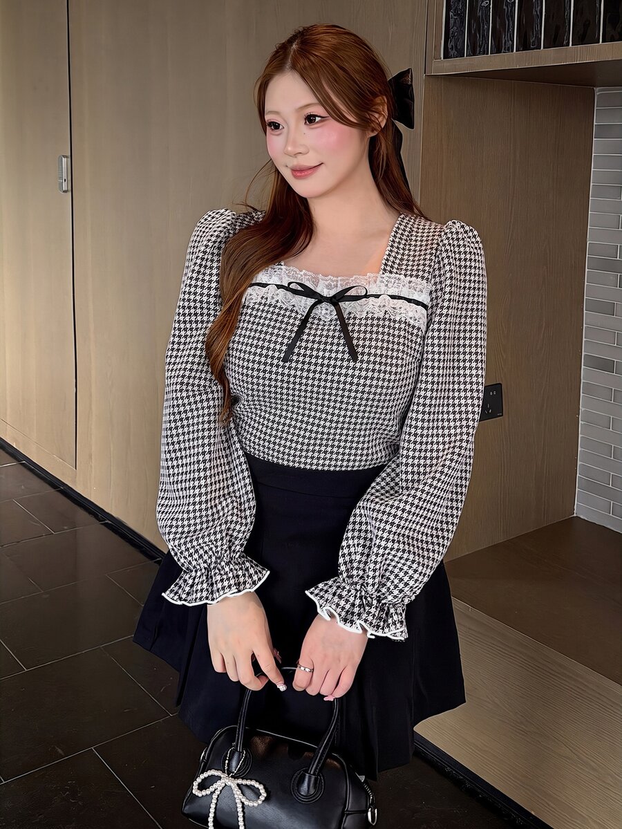 Bijouette Japanese Retro Houndstooth Plus Size Square Neck Long Sleeve Top, Lace Trim With Black Ribbon Bow Sweet And Delicate, Puff Sleeves And Ruffle Cuffs Flatter Arm Lines, Elastic Fabric Loose Fit For Figures, Slim Fit Cropped Length Elevates Waistline, Versatile Slimming Gentle Plaid Base Layer For Daily Wear, Dating And Commuting - Black and White - View 1