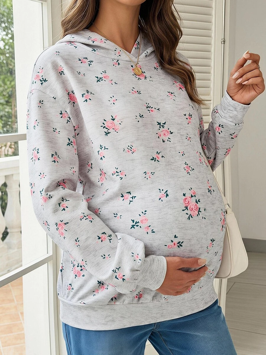 SHEIN 孕婦小碎花連帽衛衣 冬季 - 灰色 - 查看 1