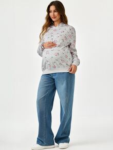 SHEIN 孕婦小碎花連帽衛衣 冬季 - 灰色 - 查看 5
