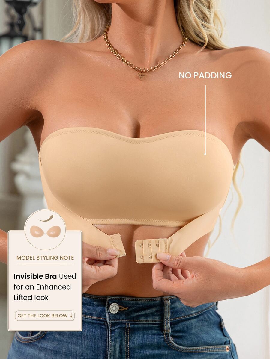 SHEIN 1 pieza Sujetador inalámbrico con cierre delantero para realce del escote para mujeres - Albaricoque - Ver 1