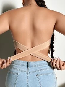SHEIN 1pc Women Strapless Elegant Breathable Comfortable Crisscross Back Bandeau Bra - Apricot - View 2
