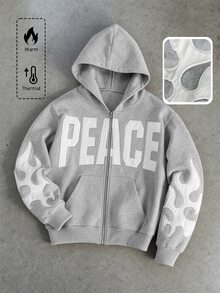 ROMWE MEN Street Life Men's Letter Embroidered Long Sleeve Zip-Up Casual Hoodie - Grey - View 1