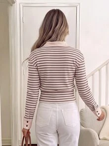 Easowa Casual Preppy Home Wear,Women's Contrast Color Polo Collar Black And White Striped Sweatshirt, Fall/ Brunch - Multicolor - View 6