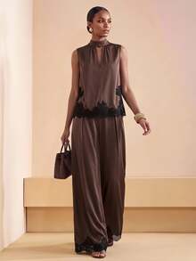 Zivah Summer Elegant Dark Brown Lace Satin Acetate Faux Linen Stand Collar Sweetheart Neckline Ruched Sleeveless Top Suit Pants 2 Pieces Set Dinner Party - Brown - View 2