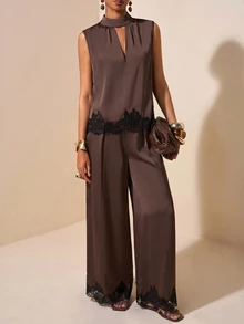 Zivah Summer Elegant Dark Brown Lace Satin Acetate Faux Linen Stand Collar Sweetheart Neckline Ruched Sleeveless Top Suit Pants 2 Pieces Set Dinner Party - Brown - View 15