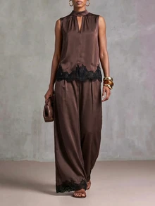 Zivah Summer Elegant Dark Brown Lace Satin Acetate Faux Linen Stand Collar Sweetheart Neckline Ruched Sleeveless Top Suit Pants 2 Pieces Set Dinner Party - Brown - View 9