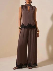 Zivah Summer Elegant Dark Brown Lace Satin Acetate Faux Linen Stand Collar Sweetheart Neckline Ruched Sleeveless Top Suit Pants 2 Pieces Set Dinner Party - Brown - View 10