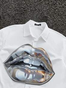 Manfinity Roughcore Men's Lip Print Front Button Casual Short Sleeve Shirt Men's Cropped Tops - White - View 5