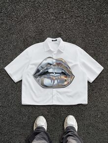 Manfinity Roughcore Men's Lip Print Front Button Casual Short Sleeve Shirt Men's Cropped Tops - White - View 1